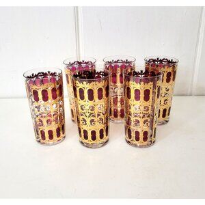 Culver MCM Azure Gold and Cranberry  Collins Glasses Set of Six Plus Extra